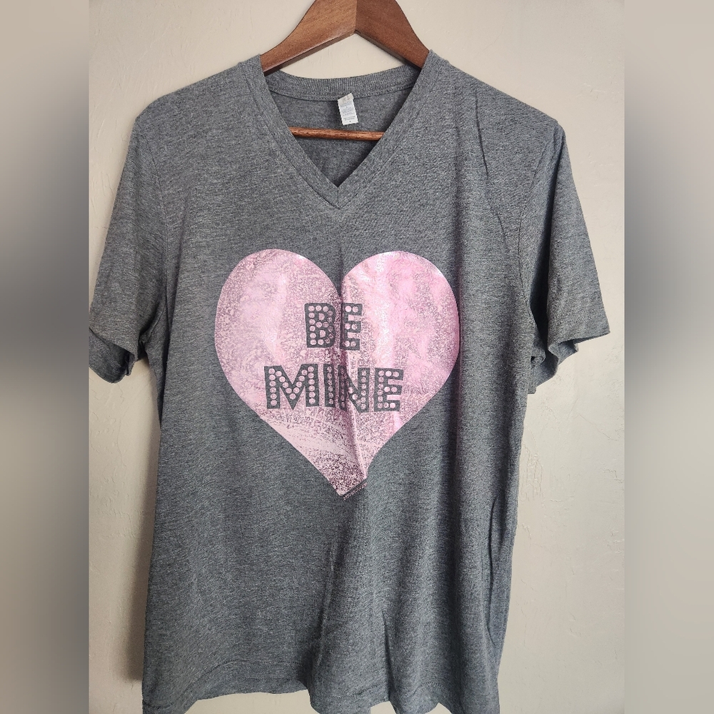 Bella Canvas Gray V-Neck Tee with Pink Heart "Be Mine"